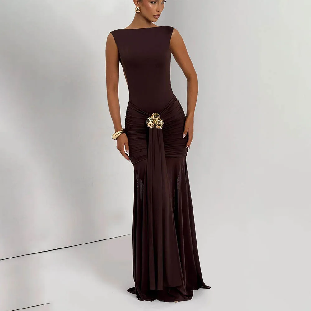 

Sexy Brown Women Prom Dress Sleeveless Backless Ruffles Sheath Long Party Gown 3D Flower Long Ribbon Formal Red Carpet Robe