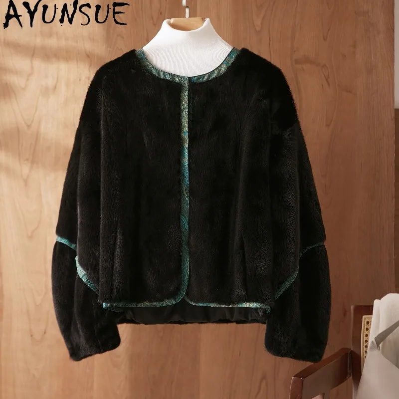 

Шуба AYUNSUE из натурального меха норки, женская, в китайском стиле, черная, с длинными рукавами, теплая зимняя верхняя одежда для женщин