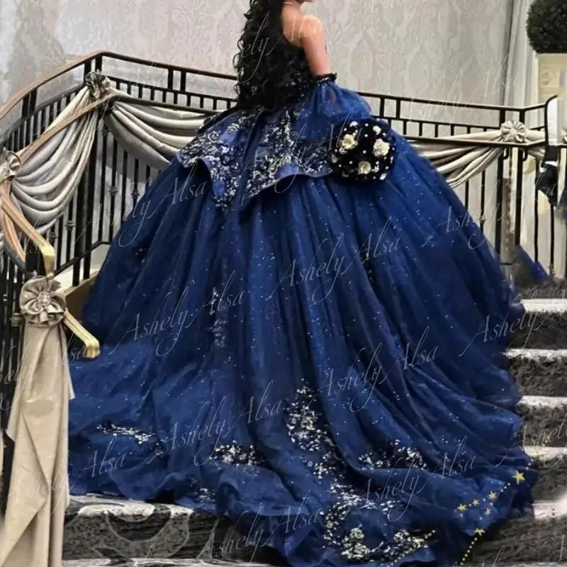 Customzied Real Picture Navy Blue Prom Dresses Ball Gown V Neck Lace Applique Vestido De 15 Quinceanera Women Party Dancing Wear