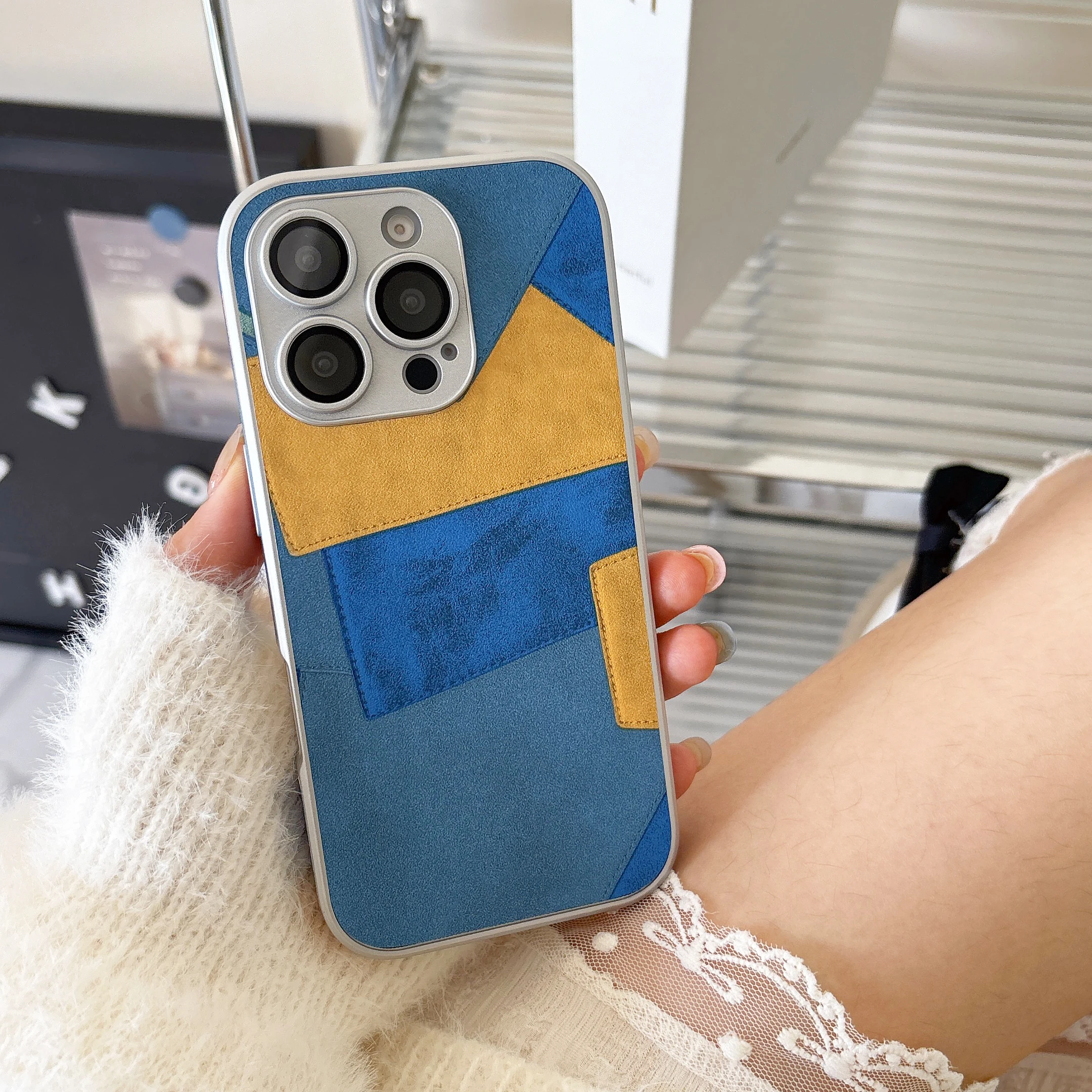 Luxury Plating Frame Polychrome Montage Imitation Cowboy Cloth Leather For iPhone 16 15 14 13 12 Pro Max Lens Proteciton Cover