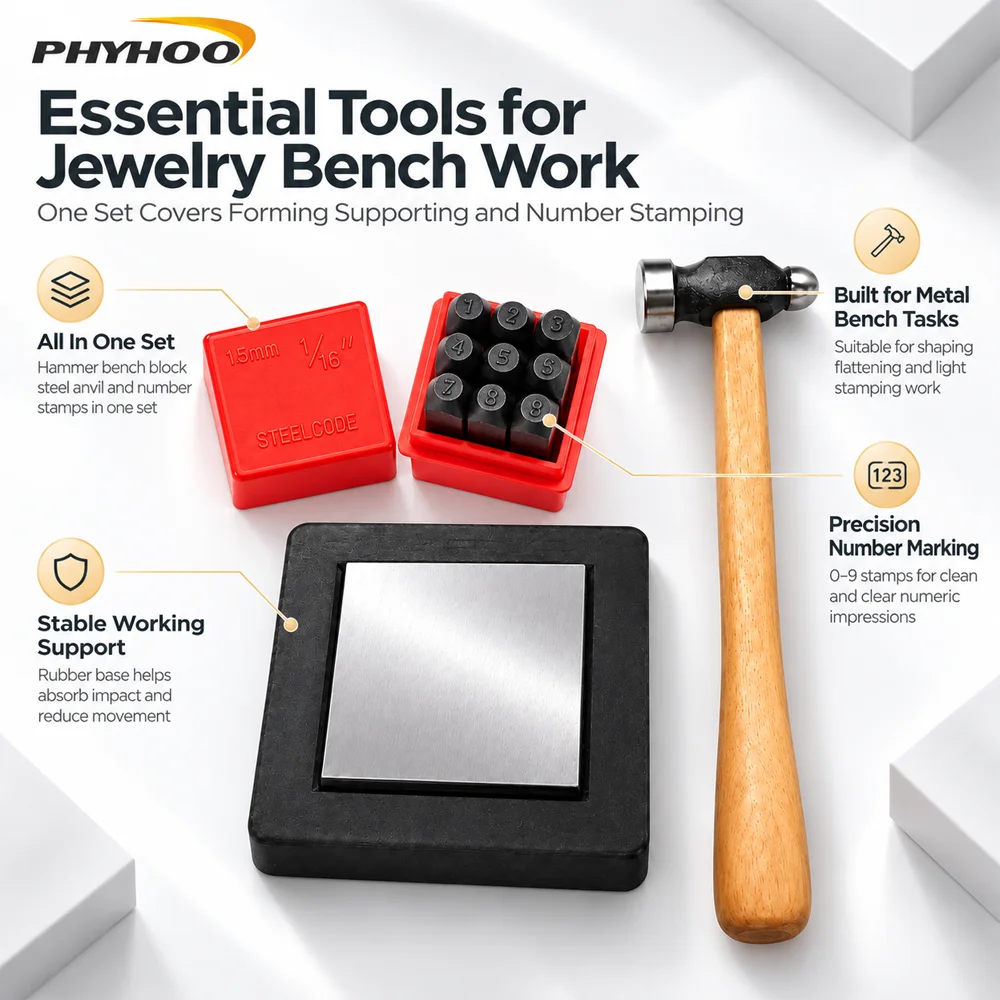 PHYHOO Jewelry Making Tool Set Rubber Bench Block Steel Anvil 25mm Round Head Hammer Number Stamp Set 0 9 Metalworking Tools Kit