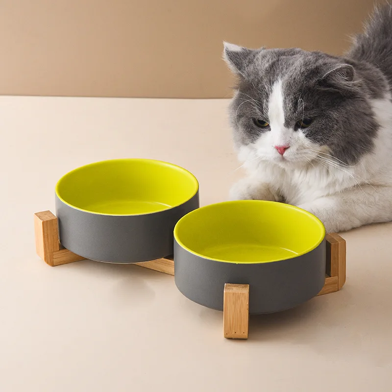 

Pets Cat's Double Food Bowl Protective Cervical Spine Plant Wooden Stand Anti-overturning Ceramic Cat Bowls Feeder Dispenser