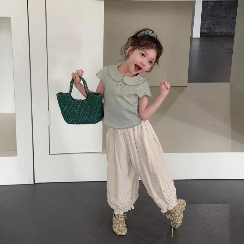 Girls' Set, Summer Baby Two-piece Set, High-end Feeling, 2026 Summer New Item, Lapel Short Sleeved Children's Lantern Pants