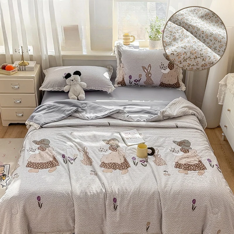 Floral Printed Summer Thin Quilt Machine Washable Ruffled Soft Breathable Lightweight Air Conditioning Comforter Quilted Blanket
