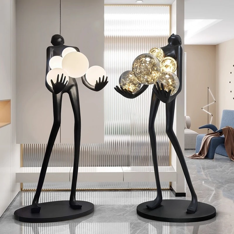 Nordic humanoid sculpture floor lamp, long arm ball design exhibition hall ornament, living room sofa lamp