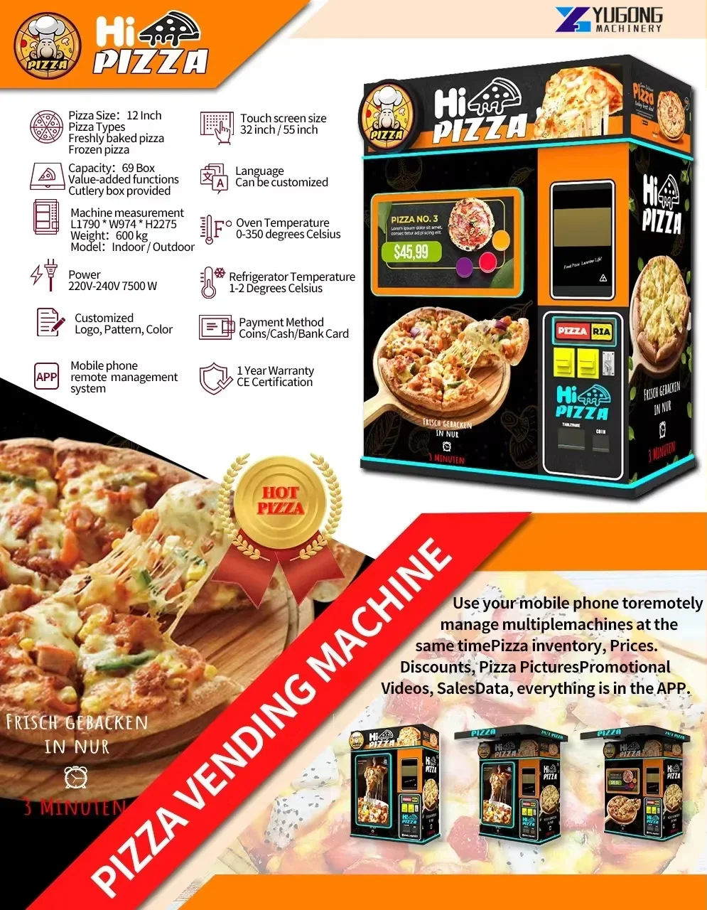 Hot Food Pizza Kiosk Vending Machine Automatic Pizza Vending Machine with Fast Cooking Function for Business Districts