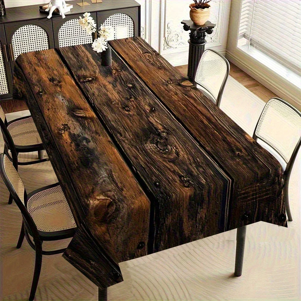 Country-style wood-grain polyester tablecloth with a fan-shaped edge, featuring dark brown and black wood-grain design.