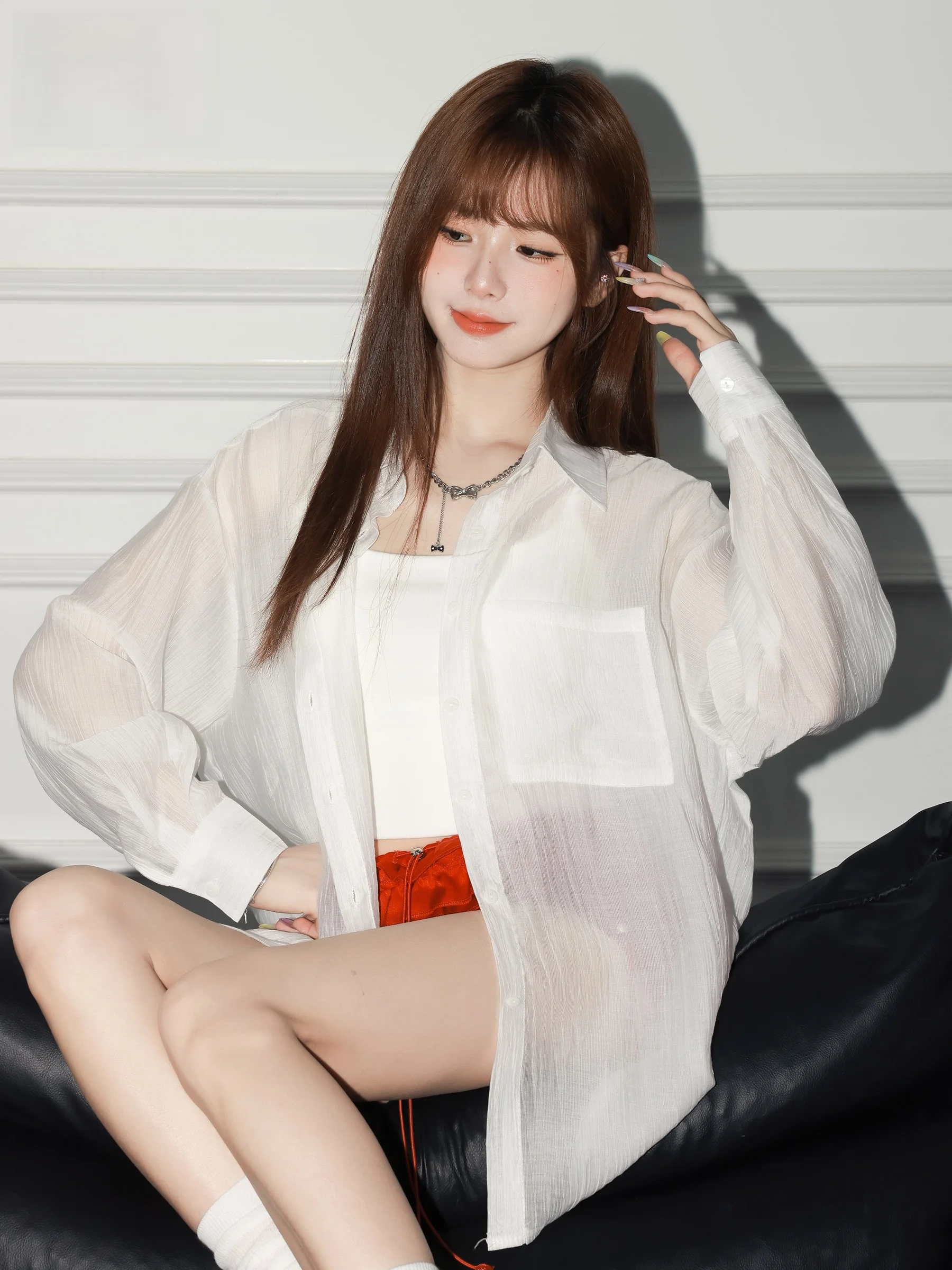 

White Textured Lyocell Long Sleeve Women's Shirt Loose Casual Summer New Style Slimming Loose Fit Sun Protection Casual Shirt