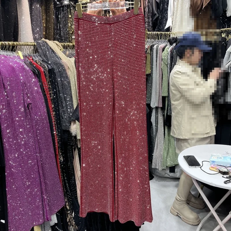 Stage Performance Costumes Heavy Industry Full Diamond Design Casual Pants 2026 Spring New Cool Fashion Long Trousers For Ladies