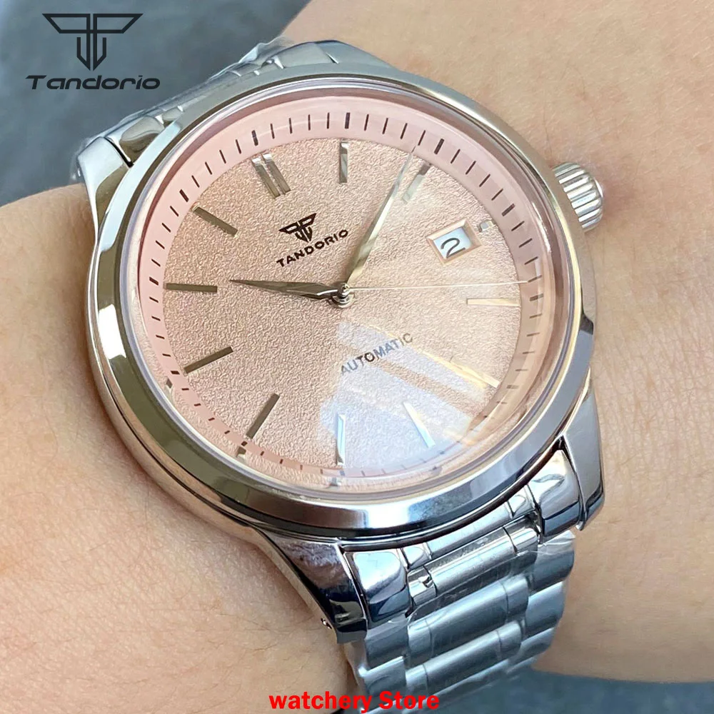 Tandorio NH35A Movement Double Dome Sapphire Glass Automatic Watch Men 200m Diving Wristwatch Date Salmon Dial Polished Watch