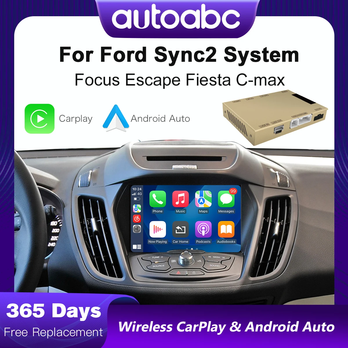 AUTOABC sans fil Carplay Android Auto pour Ford 2013-2015 année avec système Sync2 prise en charge caméra Mirrorlink USB Navigation Siri