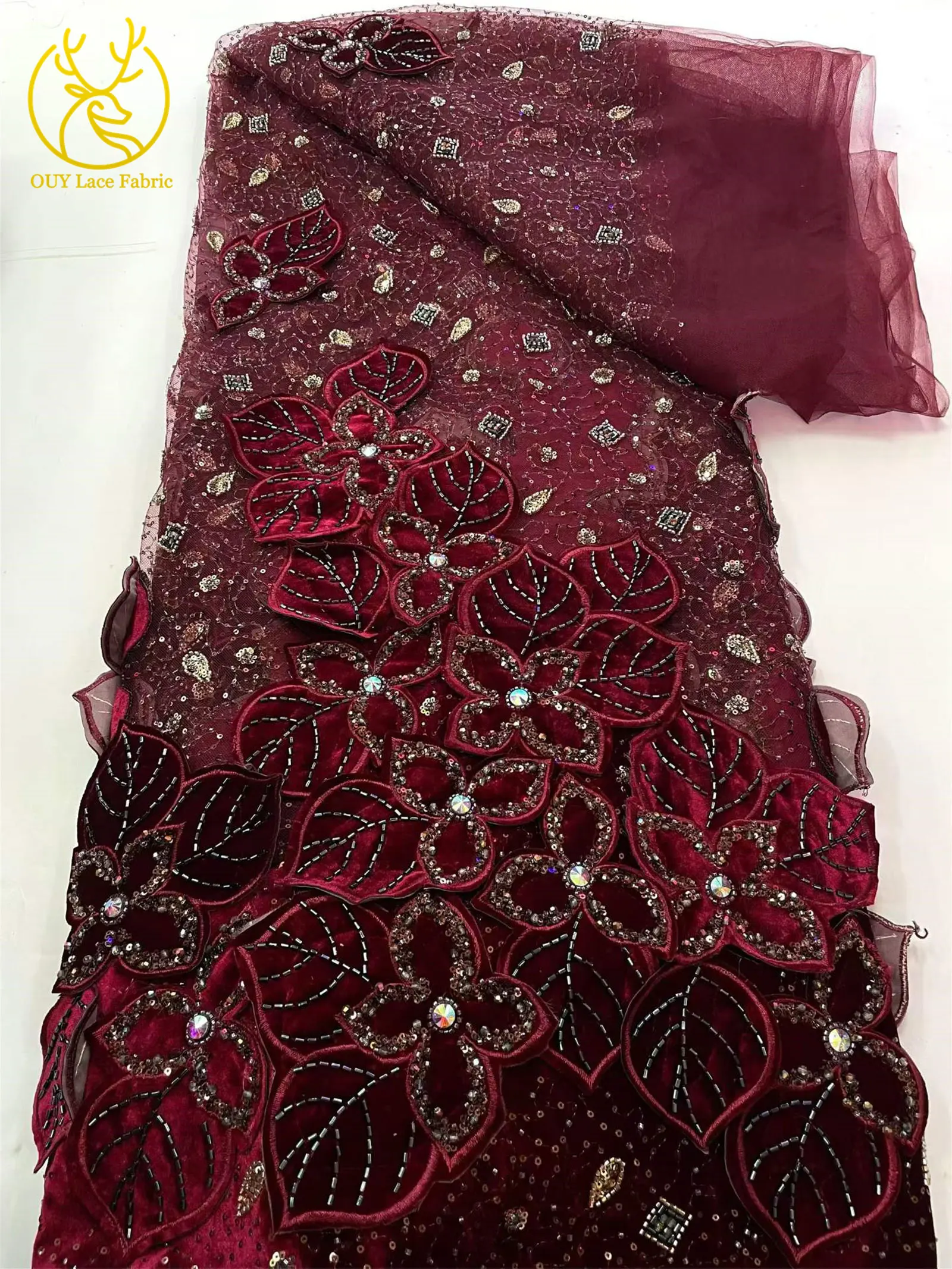 Weinroter Luxus Afrikanischer Samt DIY Handgemachte Stickerei Blatt-Pailletten Spitzenstoff 2026 Französischer Bräutigam Perlen-Spitzenstoff Kleid – Detail 11