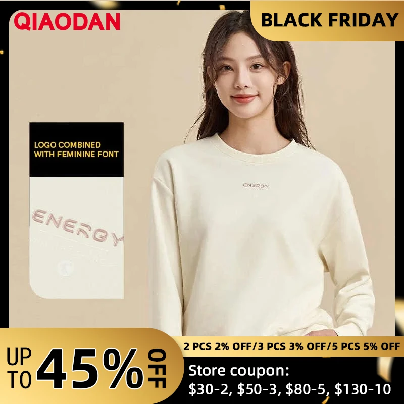 

QIAODAN Casual Sports Sweatshirt Women's 2025 Autumn New Fashion Solid Velvet Warm Round Neck Knitted Pullover Top XWD32241314B