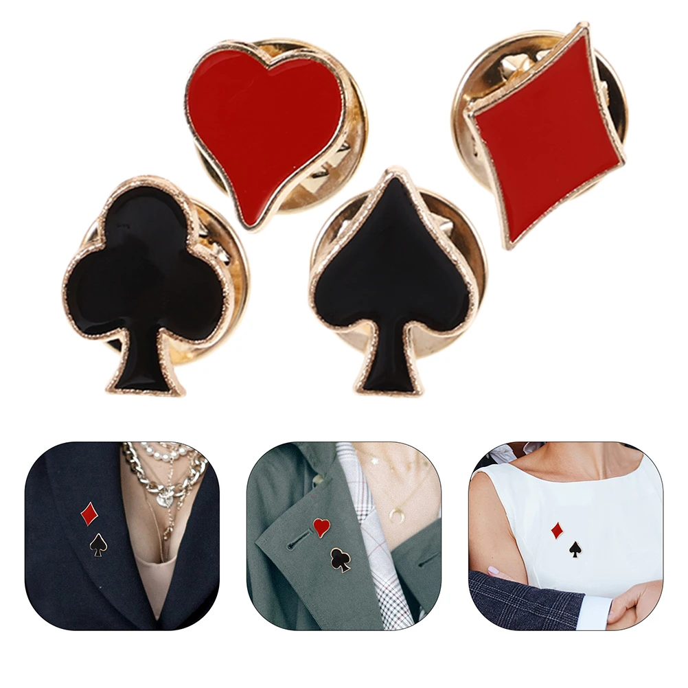 

4pcs Playing Brooch Pins Zinc Alloy Lapel Decor Suit Collar Women Badge Jewelry Card Pin Replacement Charm Adornments Gift
