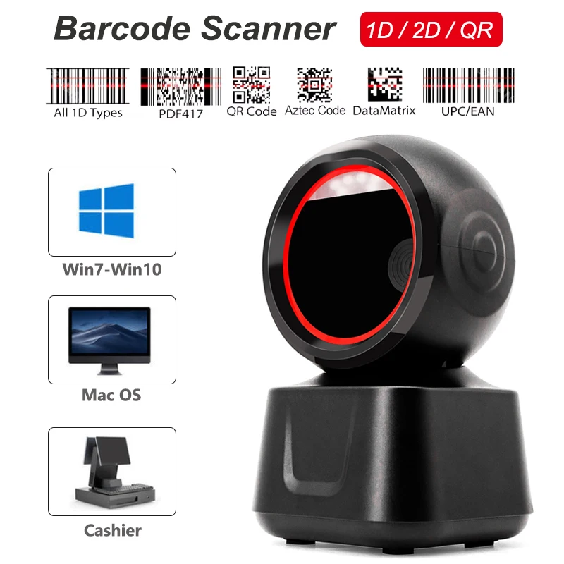 1D 2D QR Desktop Wired Barcode Scanner Hands-Free Auto Sense Reader USB Port Plug&Play for Window Android Image CMOS Sensor