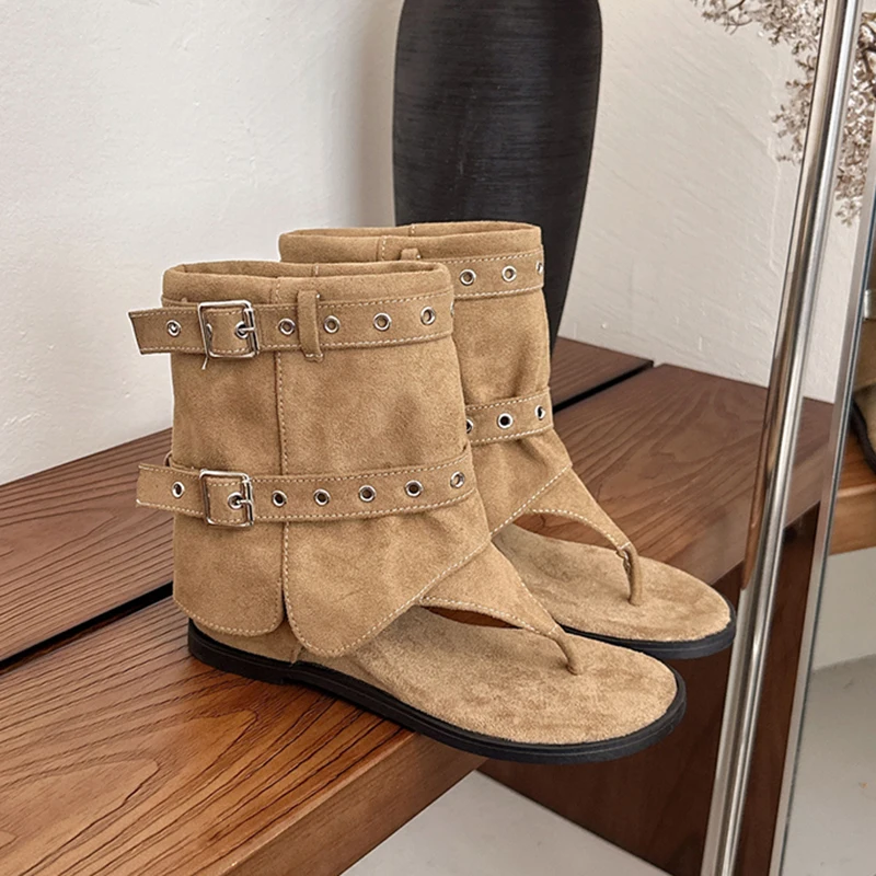

Women Double Strape Metal Buckle Open Toe Wedge Heels Casual Summer Streetwear Gladiator Thong Ankle Boot Sandals Booties Shoes