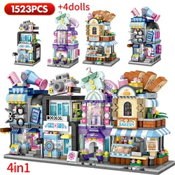 1523Pcs 4 in 1 Mini City Commercial Street View Shop Building Blocks Friends Bakery Store Figures Bricks Toys for Kids Gifts