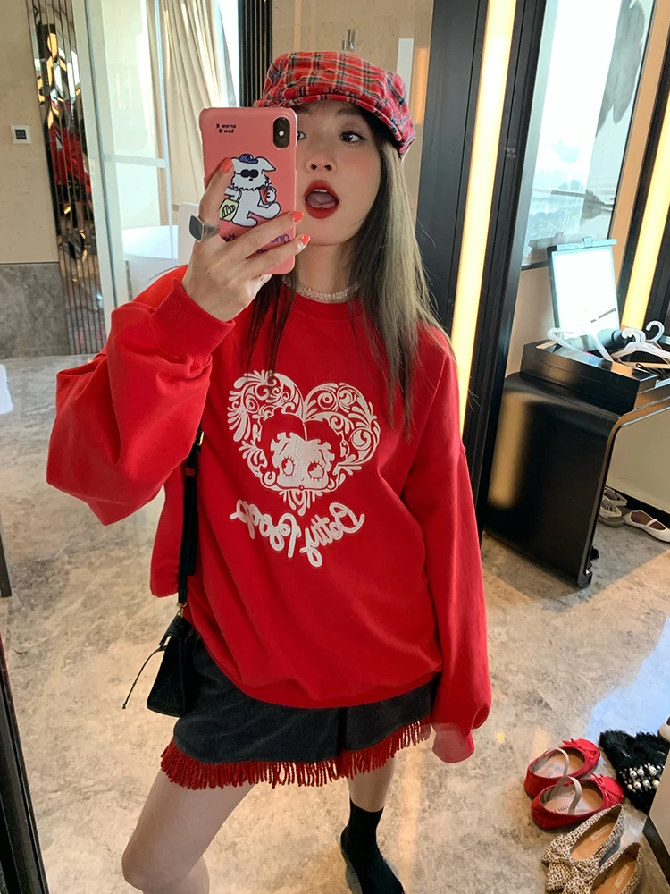 Dopne Fall Faion 2023 Hoodie Red Head over Foot Design Korean Sle Organic Cotton Long Sve Loose Fit Printed Sweatirt