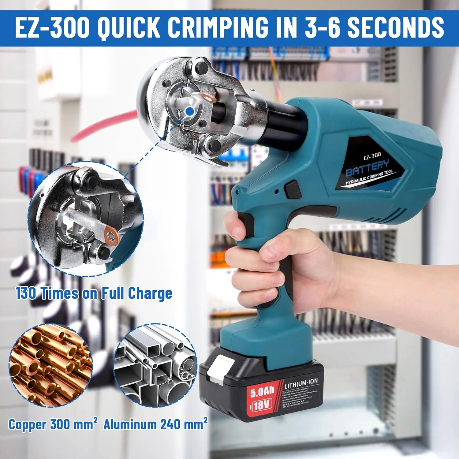 Industrial Grade 60KN Electric Hydraulic Crimping Pliers, 3-6 Seconds Fast Crimp, 17mm Stroke, Interchangeable Jaw Design, Safe & Accurate, Includes 12 Dies
