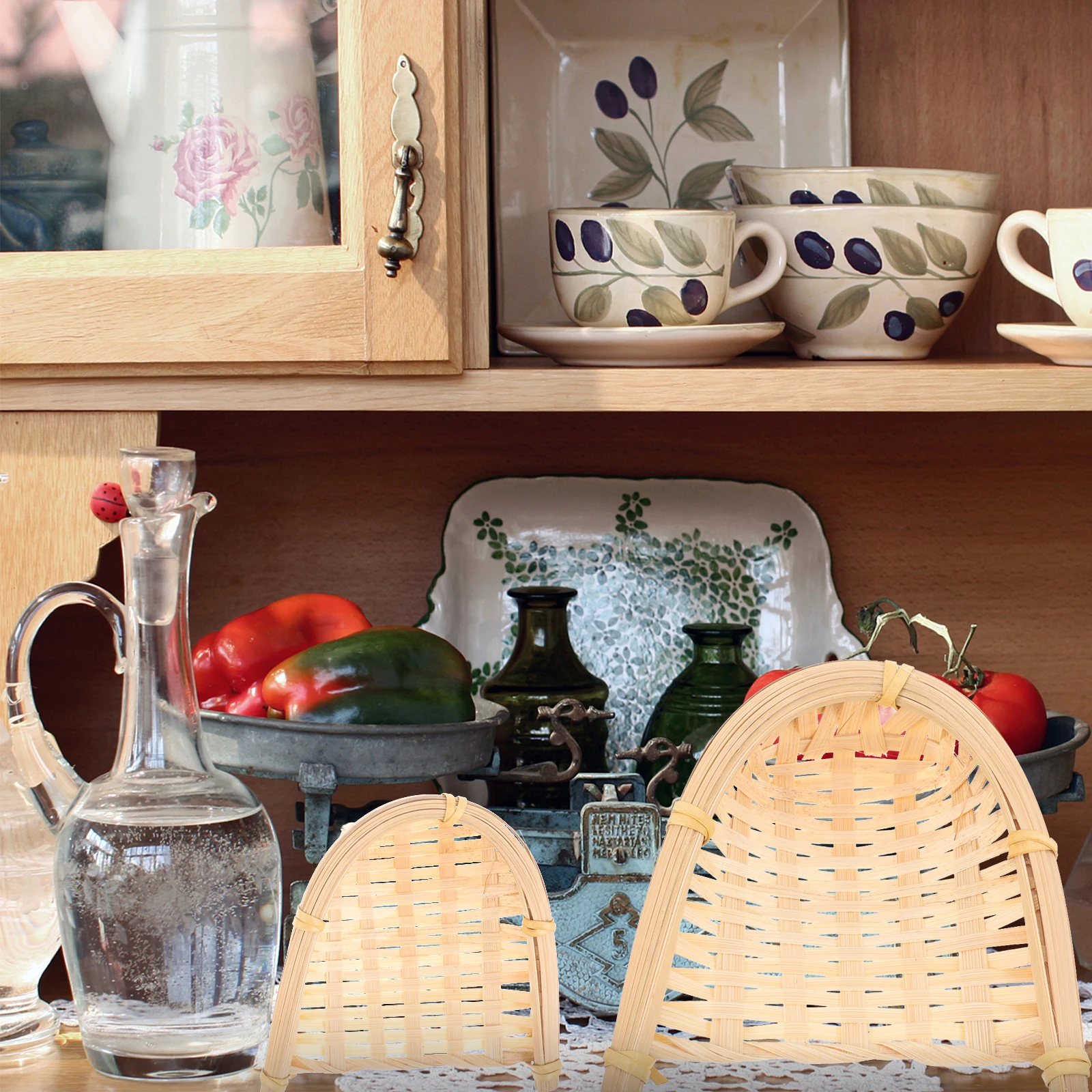 

2pcs Bamboo Woven Baskets Storage Organizer Snack Fruit Bread Handmade Crafts Decorative Kitchen Shelf Accessories