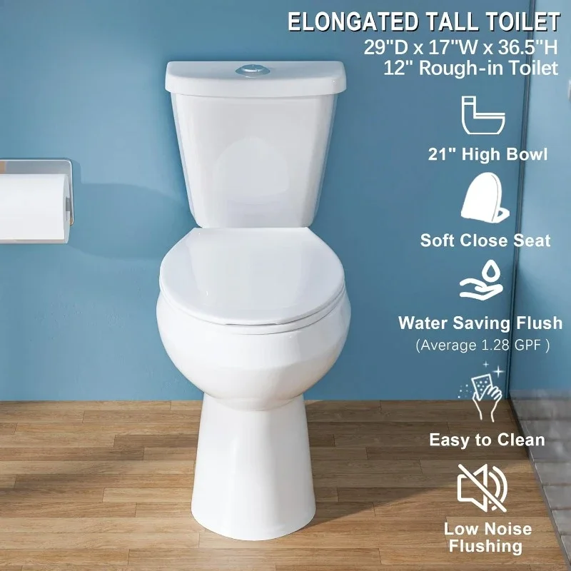 home.21 Inch Extra Tall Toilet for Seniors,  Two-Piece Dual Flush 1.1/1.6 GPF, 12” Rough In,White, Elongated Oval Bowl