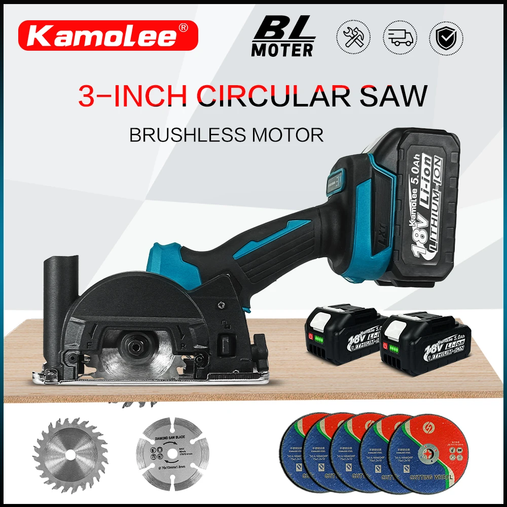 Kamolee Wireless Charging 3-inch Circular Saw Home DIY Small Brushless Circular Saw Tool Compatible with Makita18V-21V Battery 