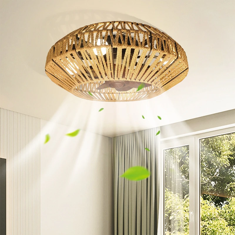 Ceiling Fan Light Fixture with Remote Control Wooden Hemp Rope Weaving Bird Cage Design LED Lighting for Living Room Bedroom