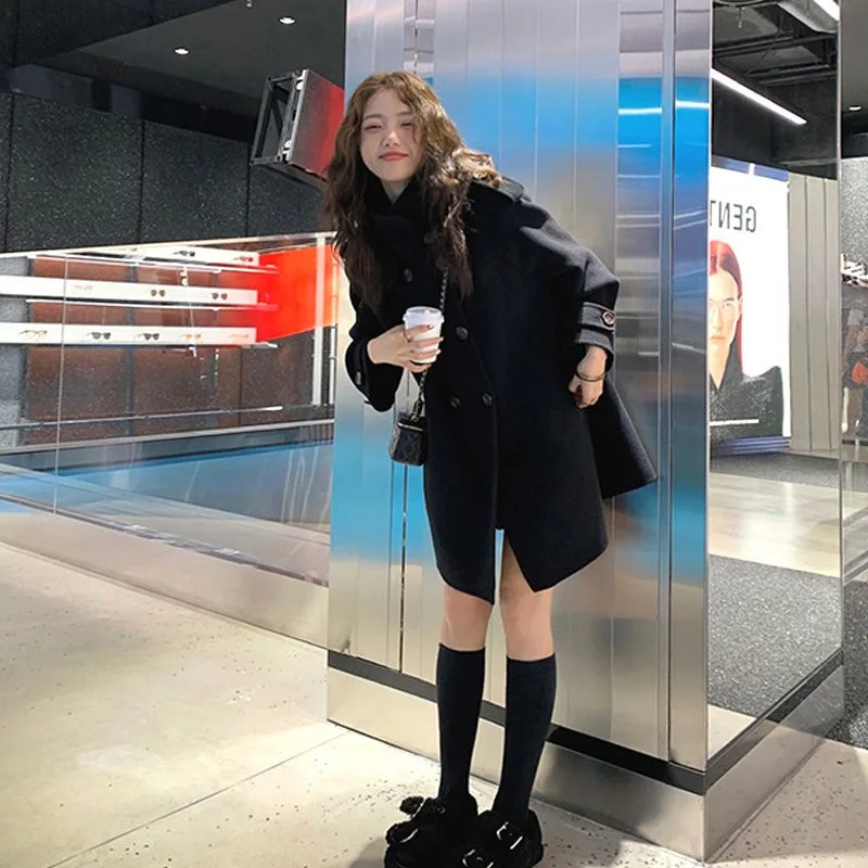 Blue Cape Coat Women's Winter Woolen Coat 2025 Petite Hepburn Style Korean Solid Color Thick Double-sided Cashmere Coat