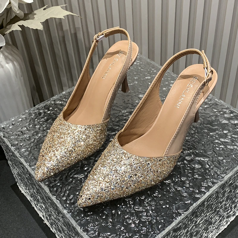 Spring and Summer New Glitter Pointy Heels After The Empty Thin with A Line Buckle Toe Sandals for Women