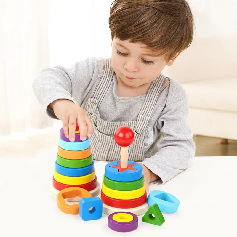 Bloques de arcoíris Montessori para niños, juguete de madera, entrenamiento de Motor fino, forma de Color, juego de apilamiento a juego, juguete educativo para niños pequeños