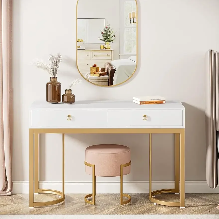 47 inch White and Gold Computer Desk with 2 Drawers, Modern Simple White Vanity Desks Makeup Table w/ Golden Metal Frame Handles