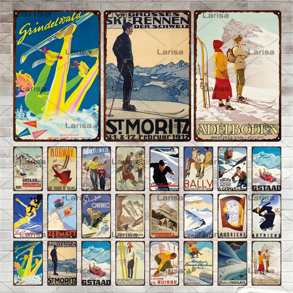 Skiing Sign Vintage Metal Poster Tin Sign Snow Mountain Retro Wall Decorative Plates for Living Room Bedroom Gift Painting