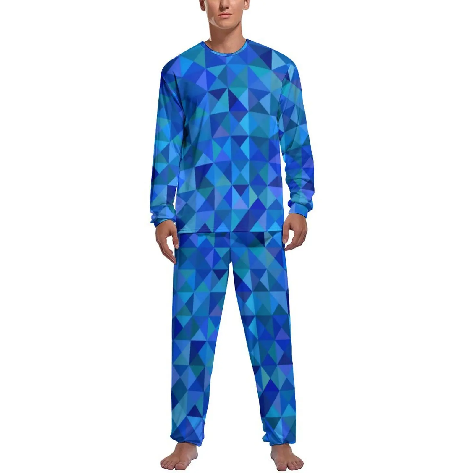 

Blue Geometry Pajamas Long-Sleeve Abstract Art Print 2 Pieces Night Pajama Sets Winter Men Design Cute Sleepwear