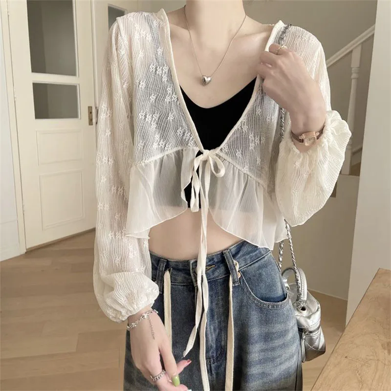 Sweet Ruffles Bandage Crop Tops Female Elegant V-Neck Lace Sun Protection Blouse Women Summer Long Sleeve Thin See Through Shirt