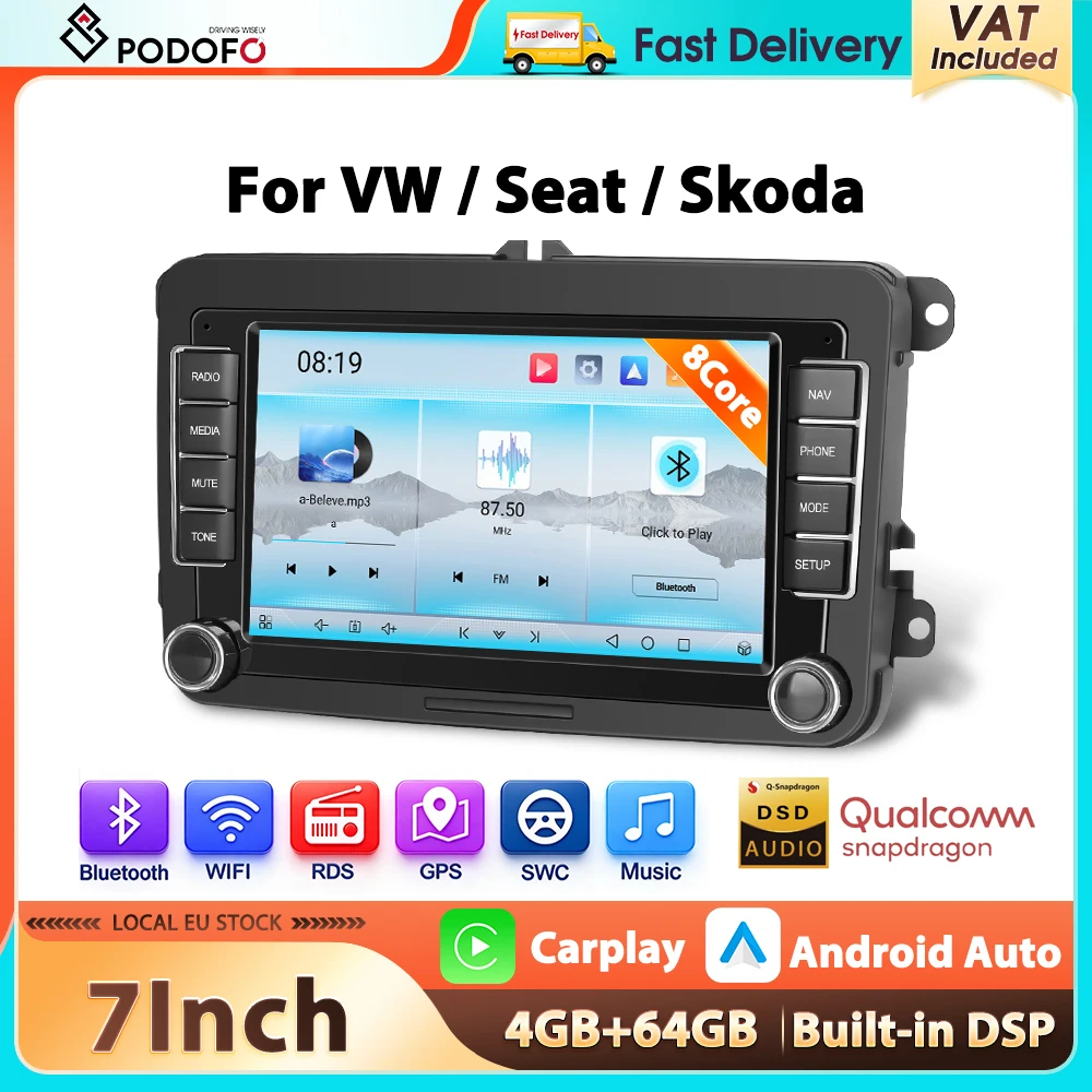 Podofo 8Core 4+64G Autoradio für VW/PASSAT/GOLF/POLO/BORA Multimedia-Player WIFI GPS-Navigation Carplay Android Auto DSP FM/RDS Autoradio