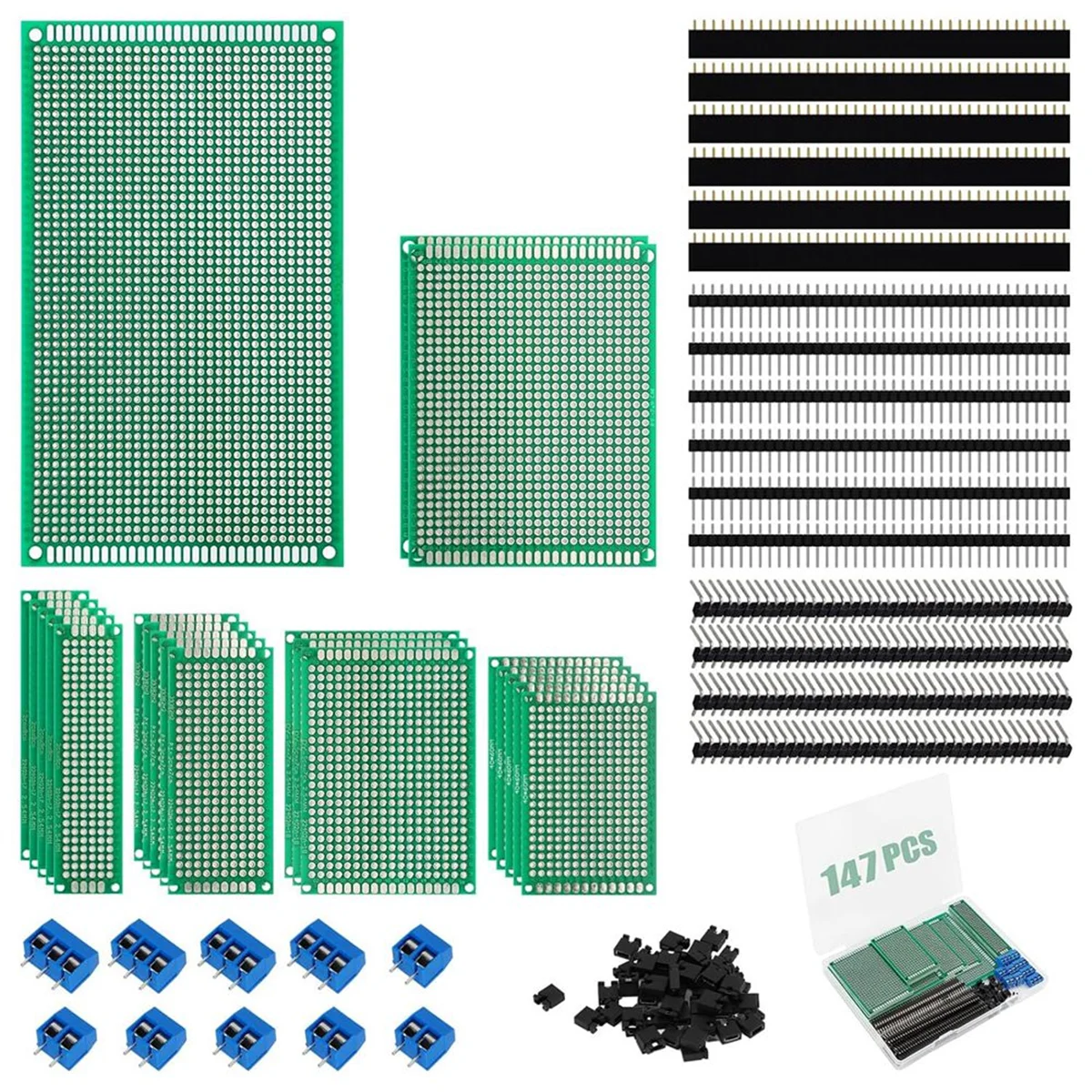 147-Piece PCB Circuit Board Prototype Kit - Double-Sided Perf Boards in 6 SizesJADD