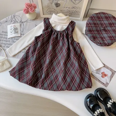 Children Girl Winter Sundress Cotton Thicken Kids Baby Girls Plaid Dress Retro Plus Velvet Toddler Infant Girls Sleeveless Dress