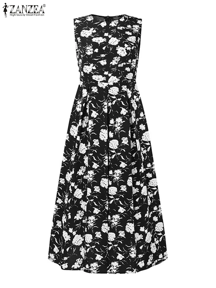2025 ZANZEA 보헤미안 여성 꽃 프린트 여름 드레스 민소매 맥시 Sundress 캐주얼 빈티지 Pleated 파티 비치 롱 Vestidos