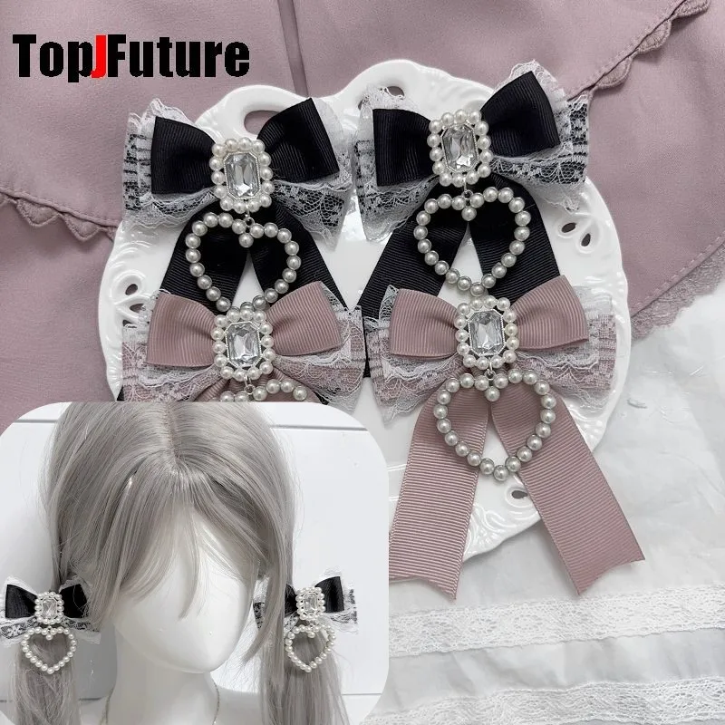 

Y2K girl Subculture Gothic Lolita Hair clips Harajuku women bow pearl lace hairpin headdress Edge clamp Hairgrips Pendant