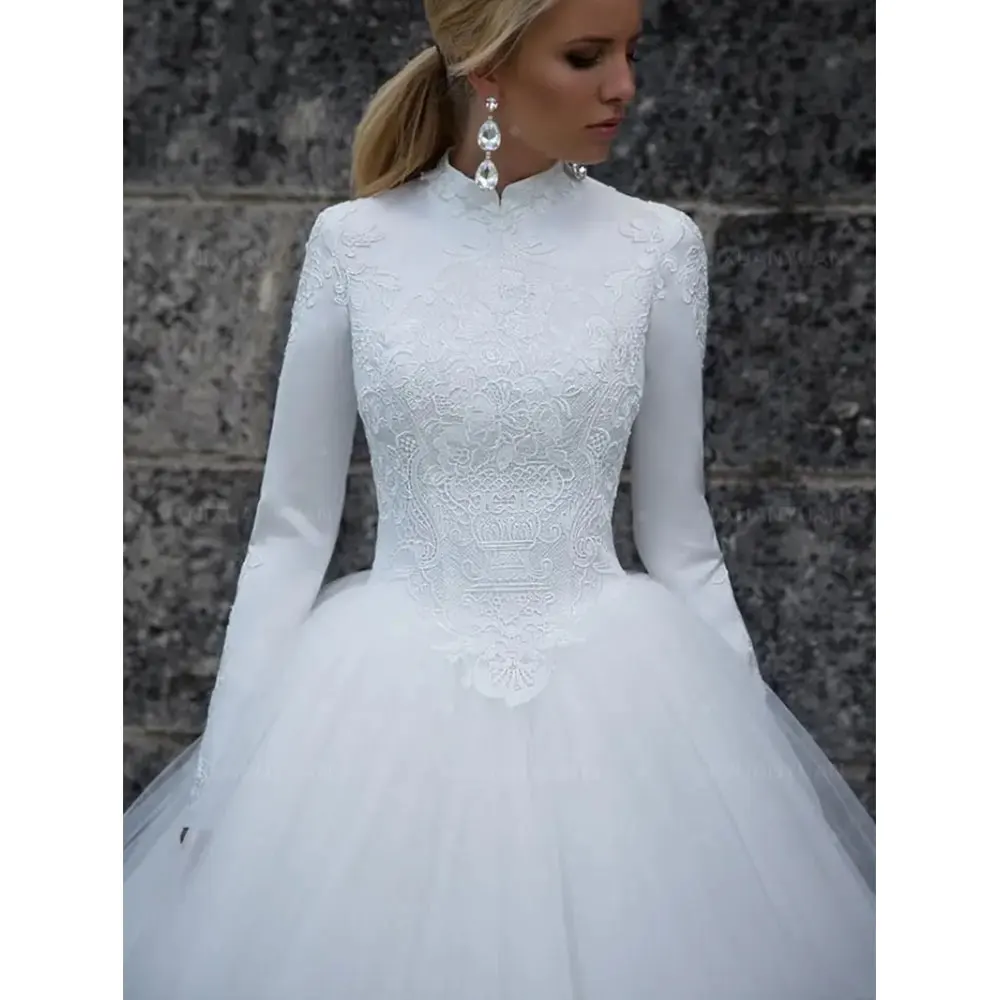 Vestidos de novia musulmanes blancos Vintage para mujer, cuello alto, mangas largas, Apliques de encaje, línea A, Princesa de Oriente Medio, vestidos de novia 2024