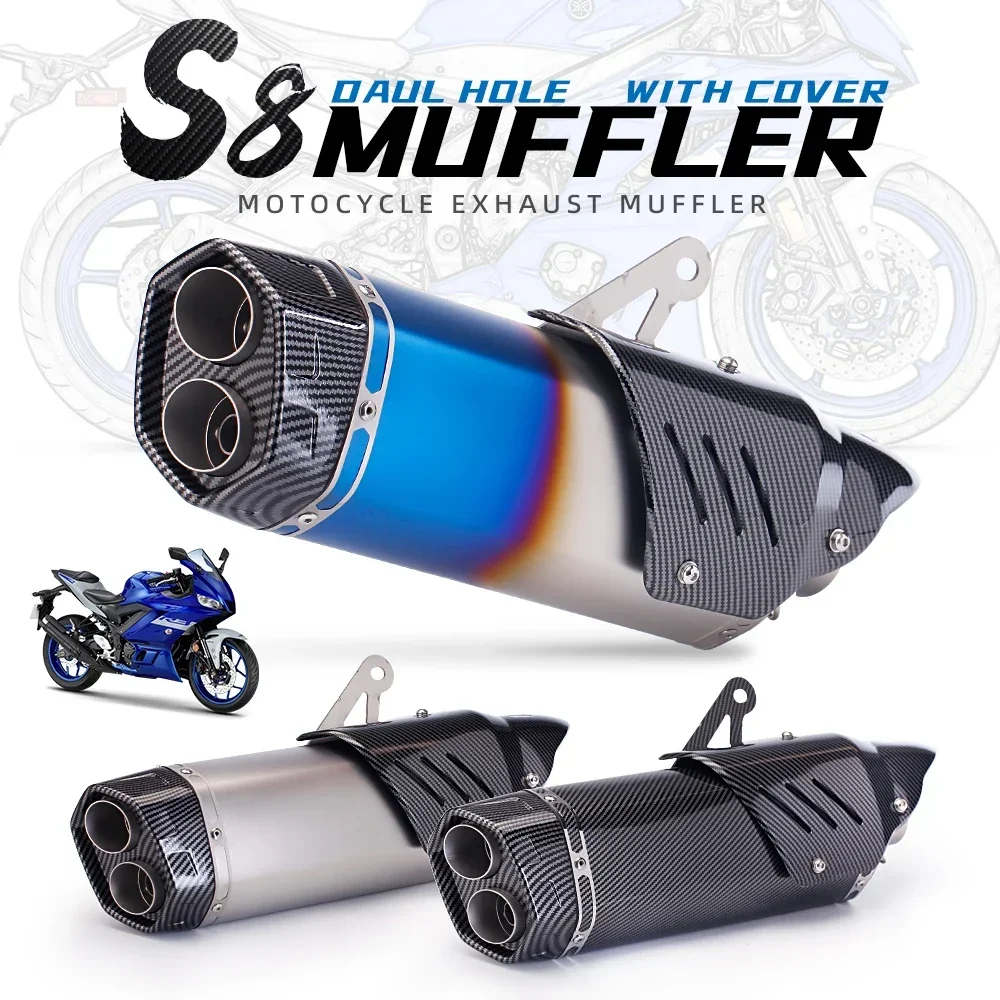 Motorcycle exhaust pipe motorcycle exhaust muffler 38-51MM rectangular with anti-scalding cover double hole S8 for z400 s1000 r6