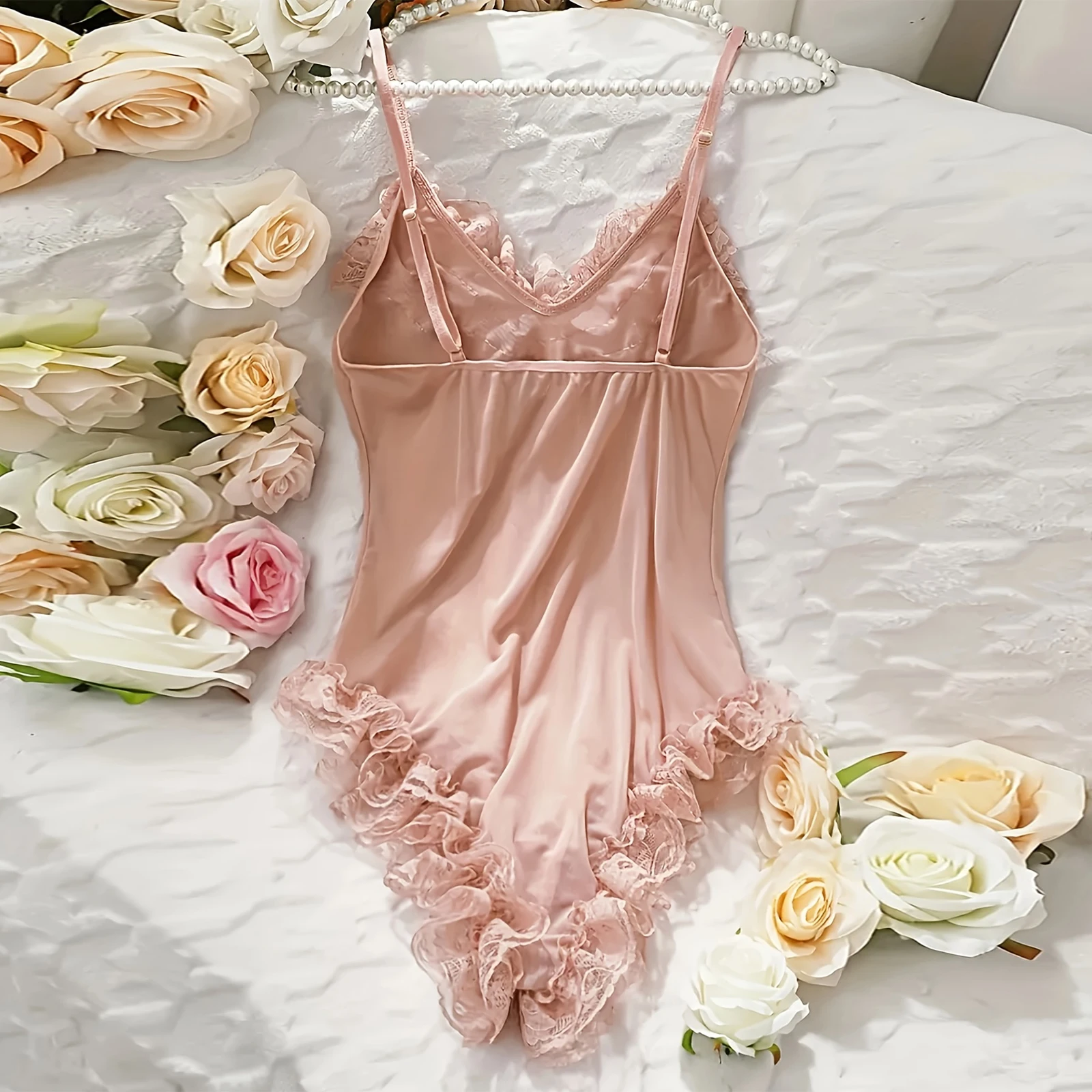 Women's Lingerie Set Mesh Layered Lace Ruffles Solid Sheer Babydoll Bodysuit Long Sleeve Outer Robe and Belt 3 Pcs Set