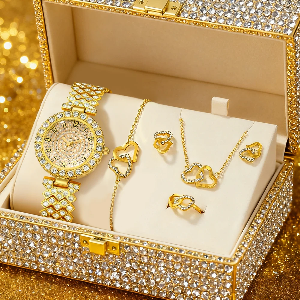 6PCS elegant ladies' round dial quartz watch with necklace and bracelet accessories set, suitable for daily wear