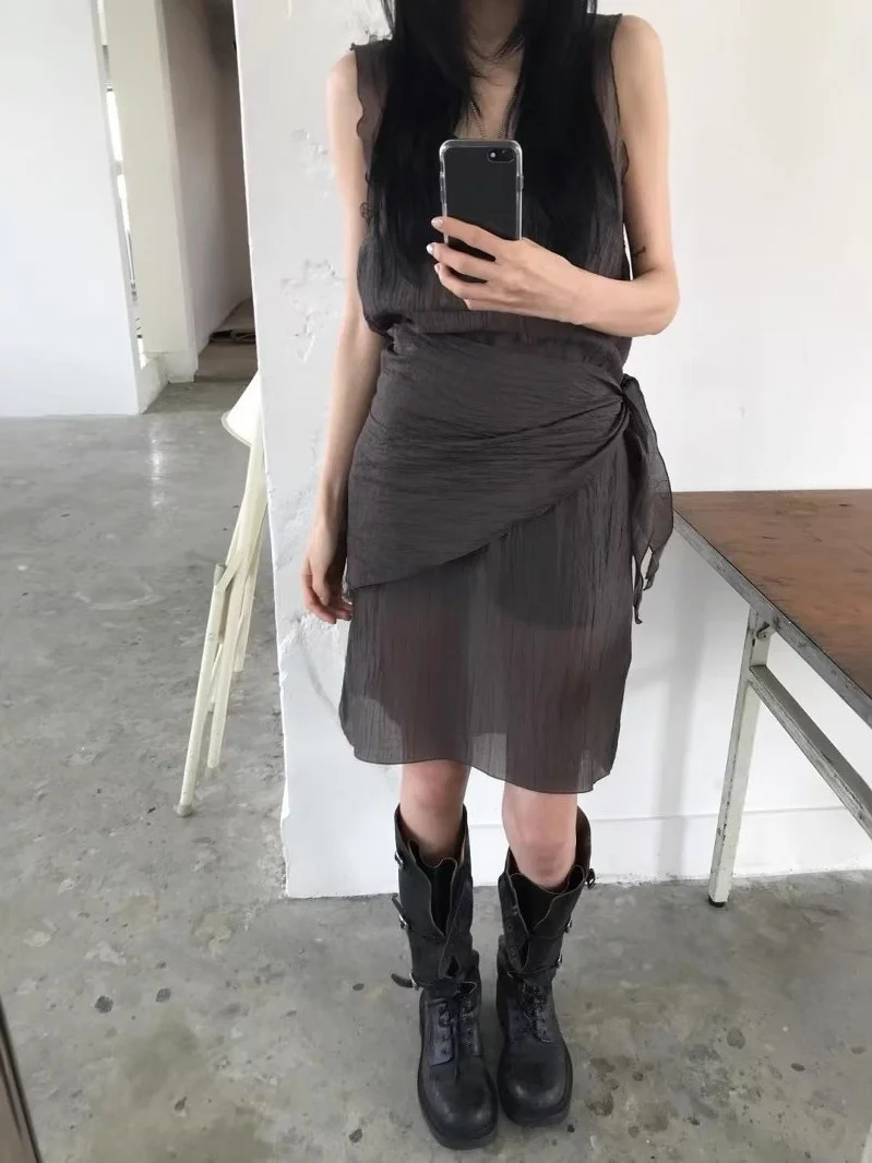 Vestido de Verão Estilo Casual com Ombros à Mostra e Lenço Triangular Design de Camadas com Borda em Madeira Alta Cintura Ves...