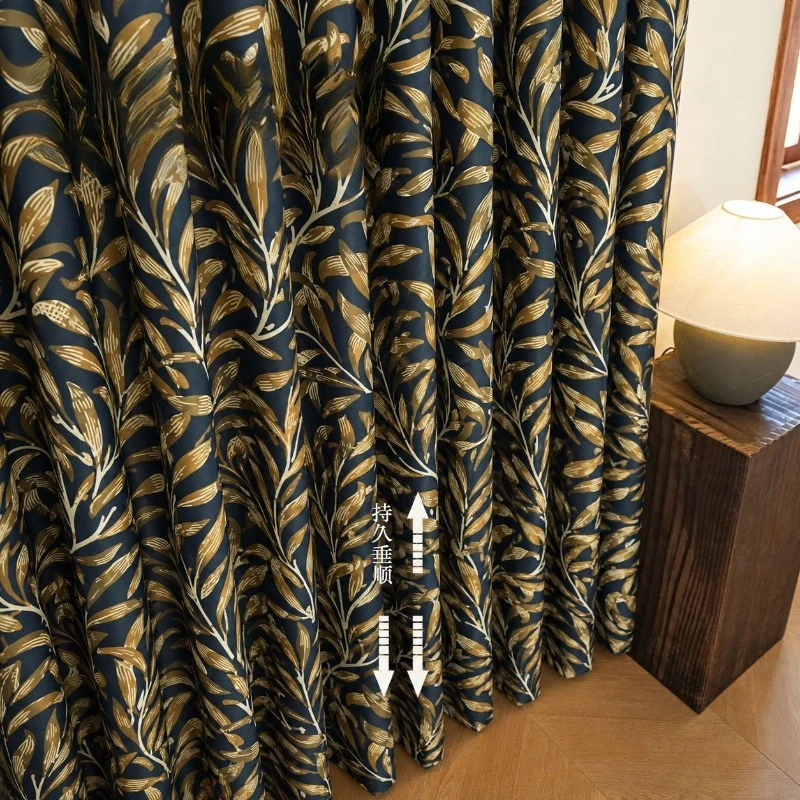 French Mid-century Style Curtains with Black Gold Print Full Blackout Curtains for Living Dining Room Bedroom Custom Size Luxury