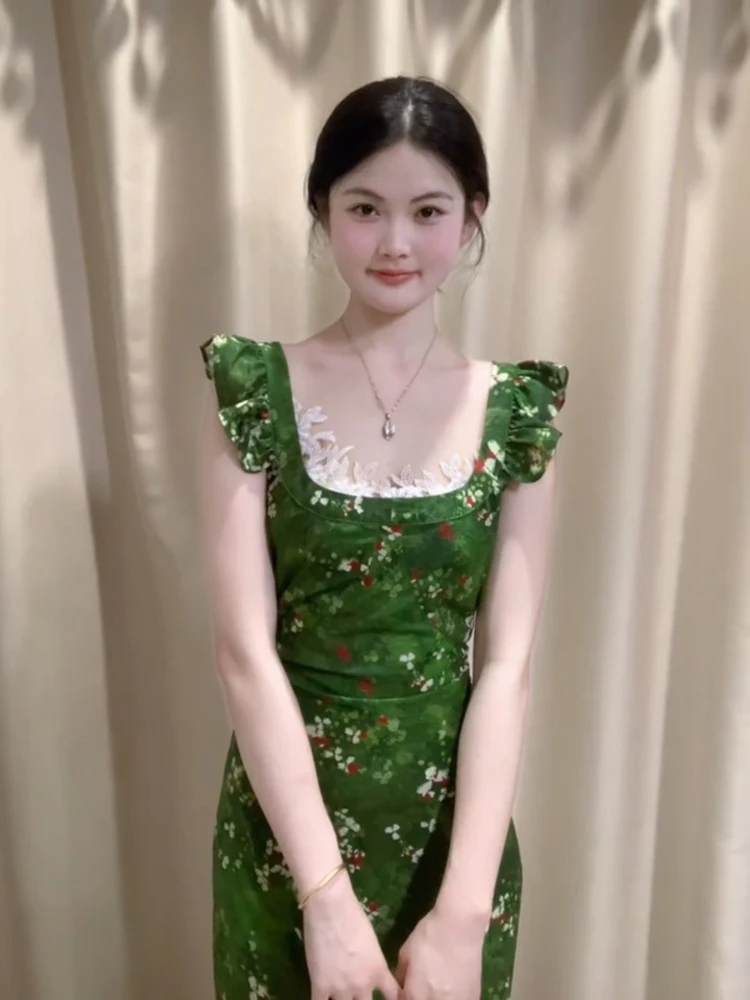 

Keni plus Size Pure Desire Green Square Neck Summer Dress Women's Beautiful Long Dress Waist Cinching Holiday Casual A-Line S...