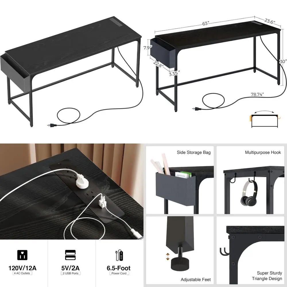 

63-inch Home Office Desk with Power Outlet and USB Charging Ports, featuring Side Storage for PC Desk
