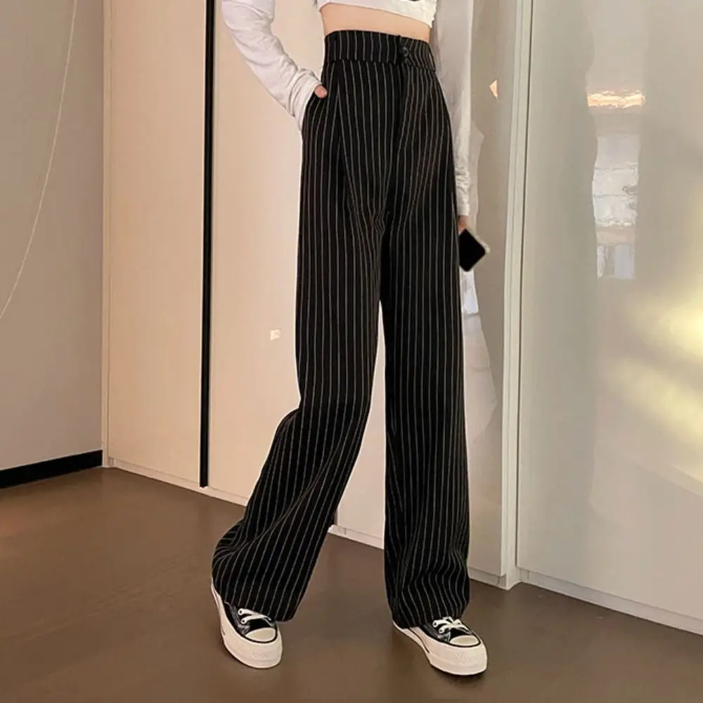 

Loose Stripe Straight Leg Pants Workout Trousers High Waist Casual Pants Women Autumn Drape Feeling Striped Suit Pants Female