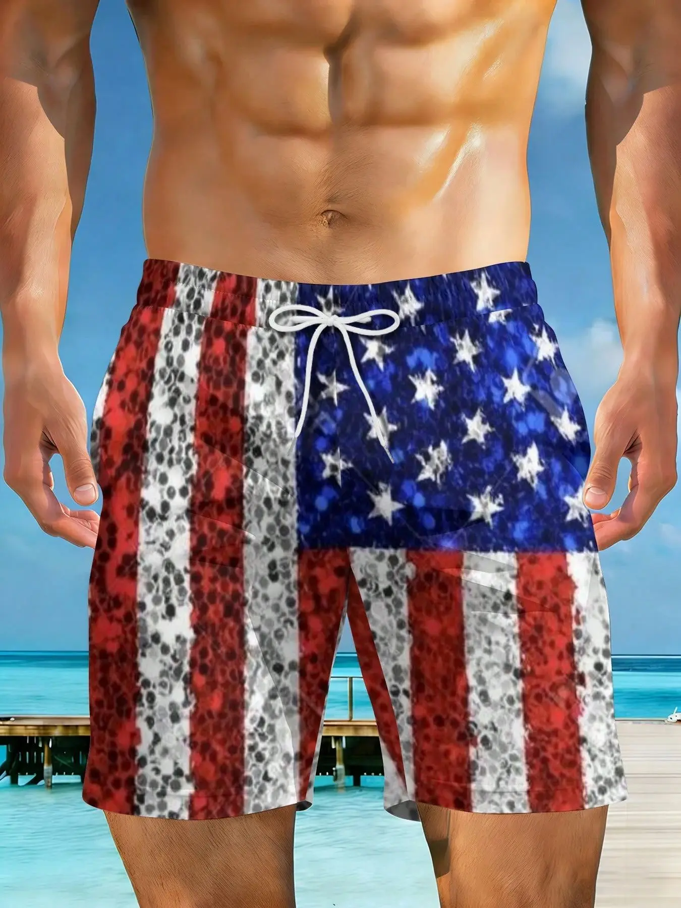 

2026 Summer New Styles American Flag Sequin Pattern Print Plus Size Men's Casual Beach Shorts Suitable For Summer Outings And Beach Vacations Surfing And Relaxation Activities