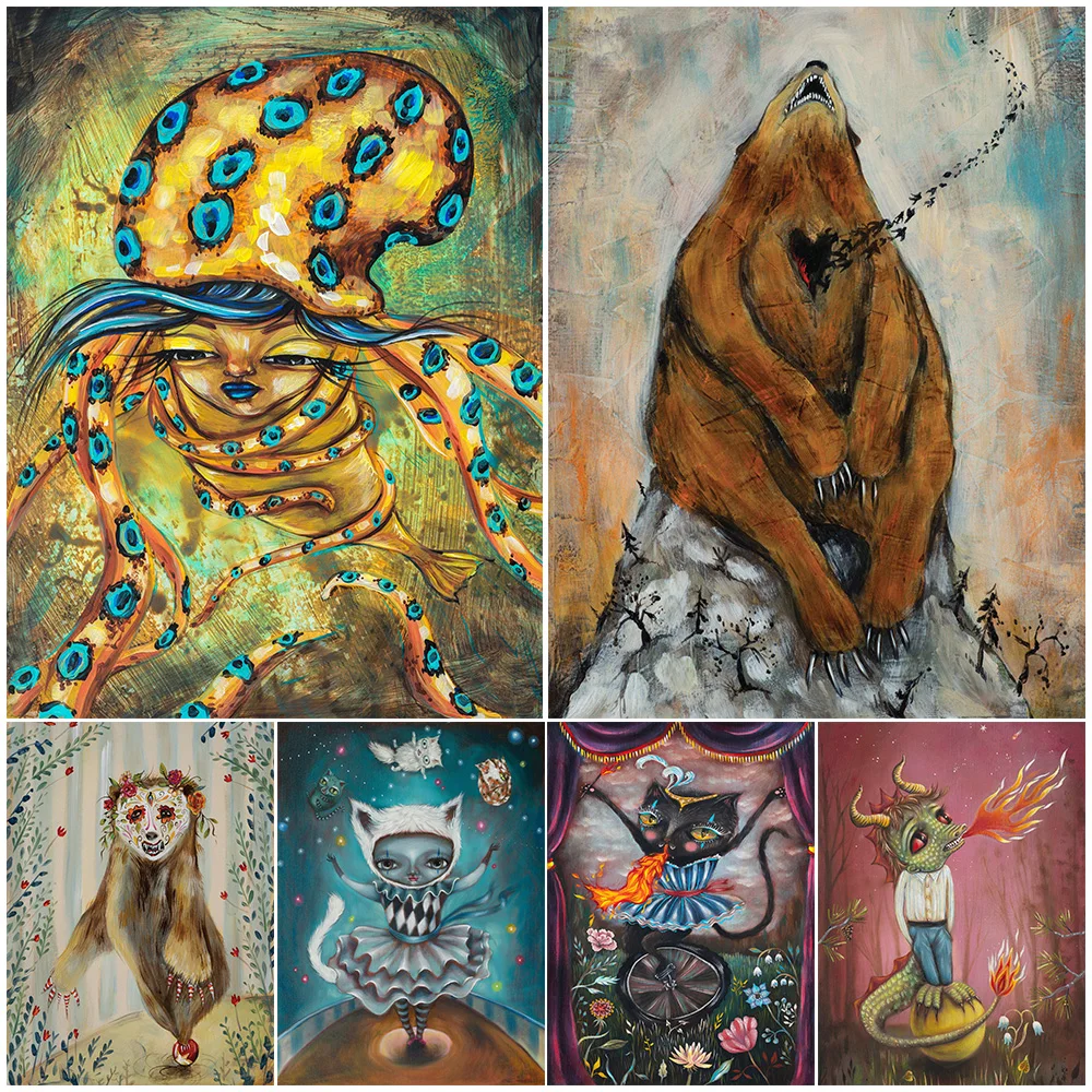 

Fox Girl And Blue Ringed Octopus Girl Fantasy Animal Wall Art Canvas Painting Circus Girl Gothic Abstract Art Poster Print Decor